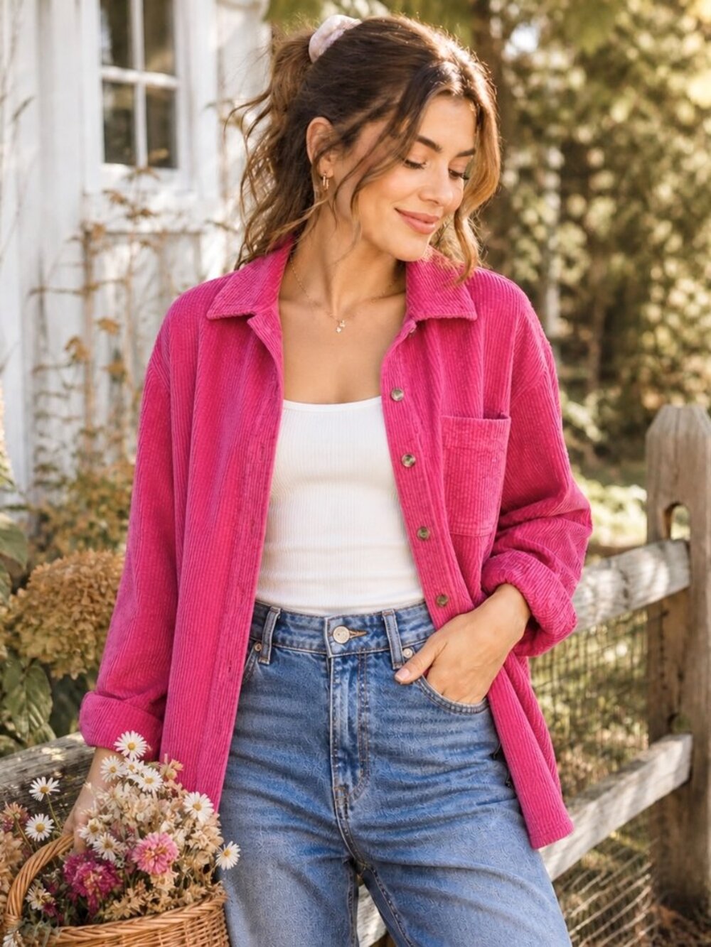 L.L. Bean Pink Wide Wale Corduroy Relaxed Chore Shirt Shacket Sz L